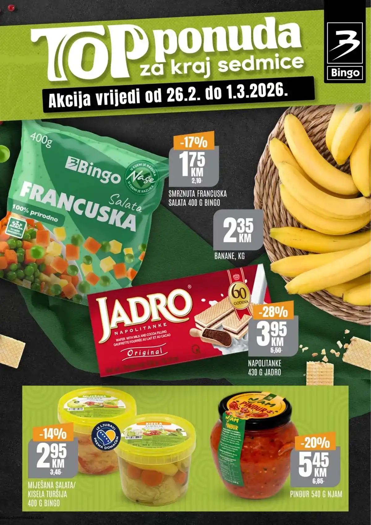 Bingo vikend akcija katalog Bosna i Hercegovina velika sniženja prehrane i kućnih potrepština do 1. marta 2026 prva strana