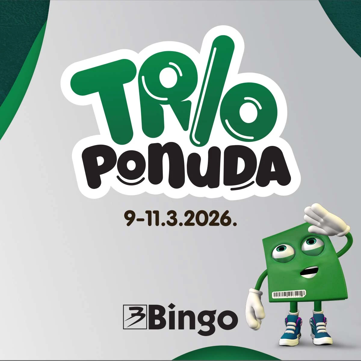 Bingo Trio ponuda – krompir 1 kg 1,40 KM, pileća hrenovka ŠMEK 100 g 0,55 KM i deterdžent za suđe PUR 750 g 2,95 KM – akcija do 11. marta 2026 – strana 1