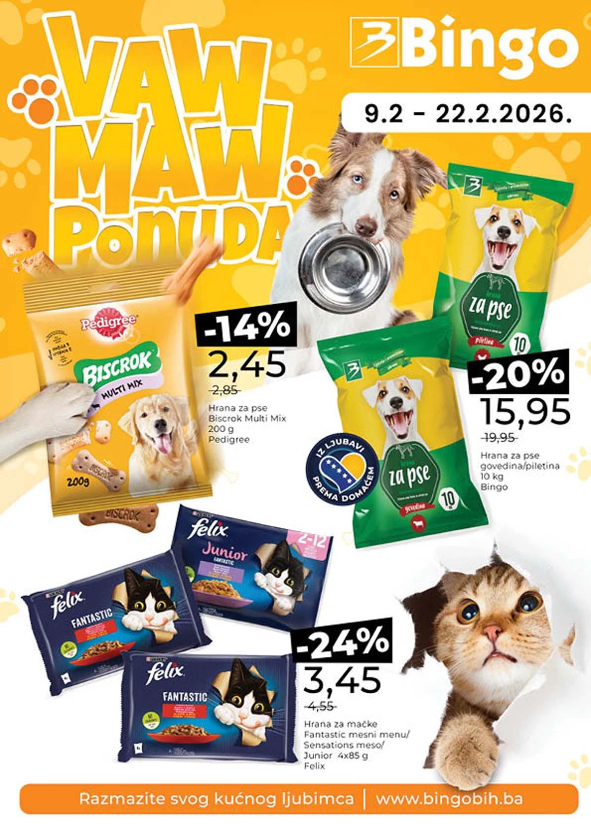 Bingo Waw Maw katalog strana 1 – sniženja hrane i opreme za ljubimce u Bingo prodavnicama do 22. februara 2026.