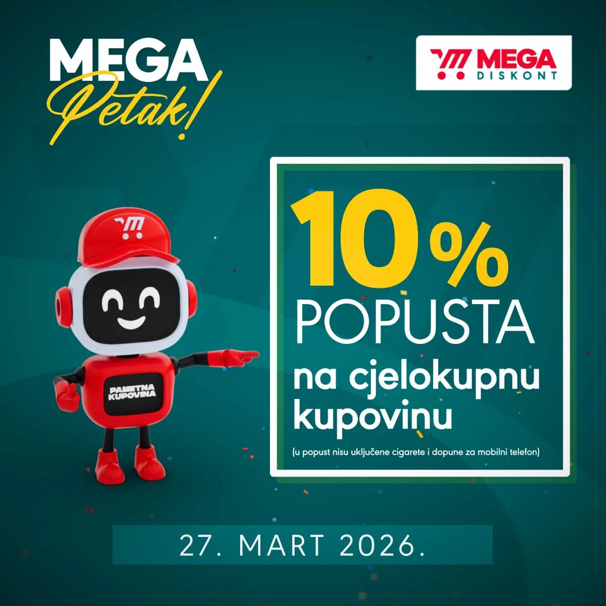 Mega Diskont akcija 10 posto popusta na sve 27.03.2026 BiH jednodnevna ponuda