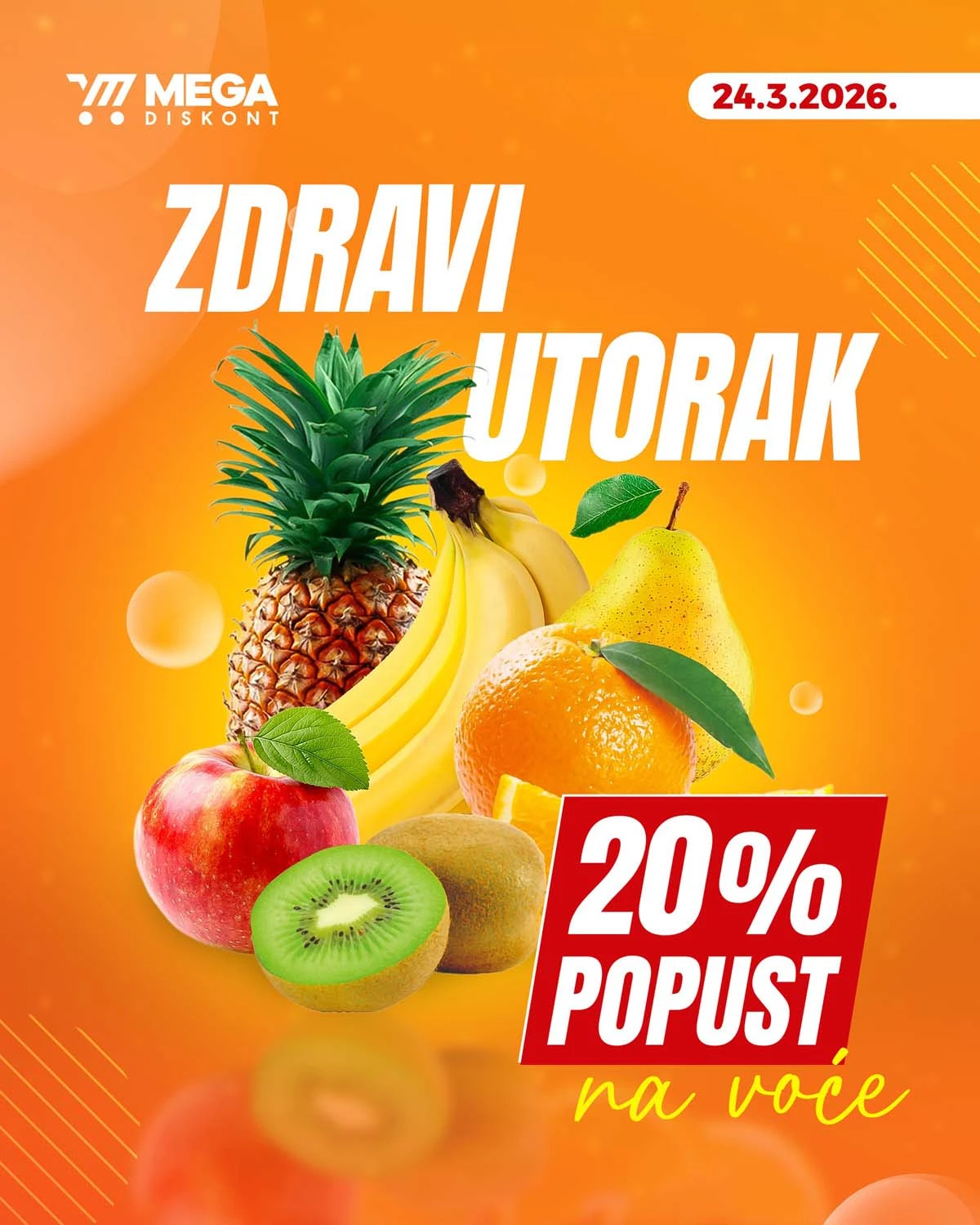 Mega Diskont Svježi utorak katalog – 20% popusta na svježe voće akcija do 24. marta 2026